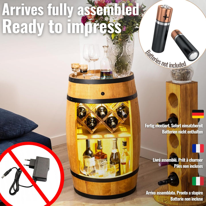 CREATIVE COOPER Fass bar mit Weinhalter - Weinregal LED- Holzfass Hausbar 80x50cm - Rustikaler deko