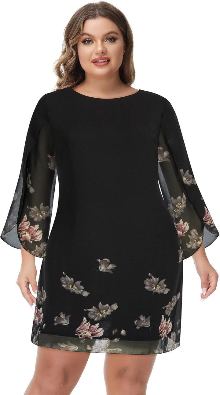 GRACE KARIN Damen Kleid Elegant Chiffon Kleid 3/4 Ärmel Loose Abend Cocktailkleid S Schwarz-rosa, S