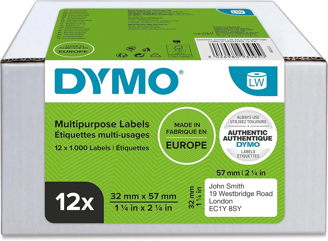 DYMO Original LabelWriter Mehrzwecketiketten | 32 mm x 57 mm | 6 Rollen mit je 1.000 leicht ablösbar