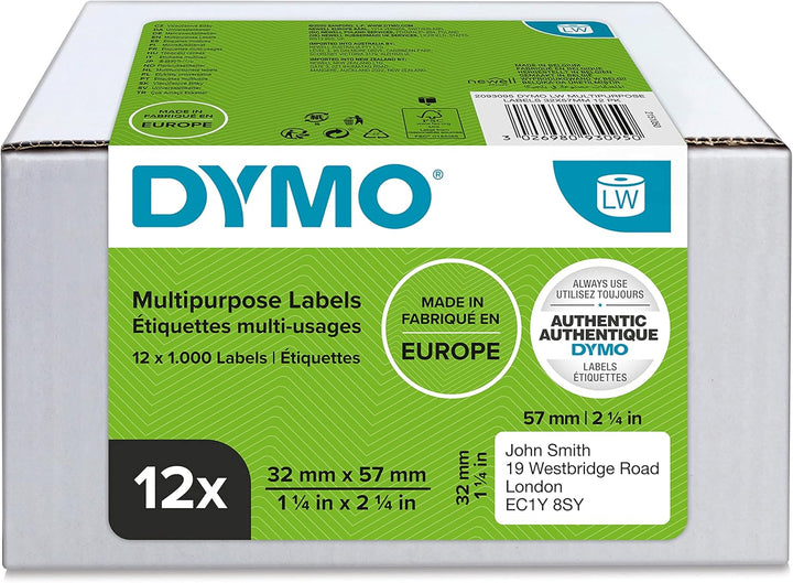 DYMO Original LabelWriter Mehrzwecketiketten | 32 mm x 57 mm | 6 Rollen mit je 1.000 leicht ablösbar