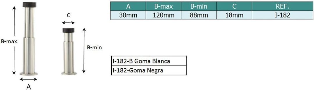 Türstopper für Wandmontage | Länge Verstellbar: 88-128 mm | Edelstahl AISI 304 | Gummi aus Natursili