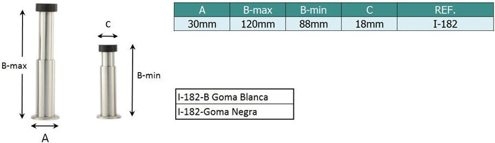 Türstopper für Wandmontage | Länge Verstellbar: 88-128 mm | Edelstahl AISI 304 | Gummi aus Natursili