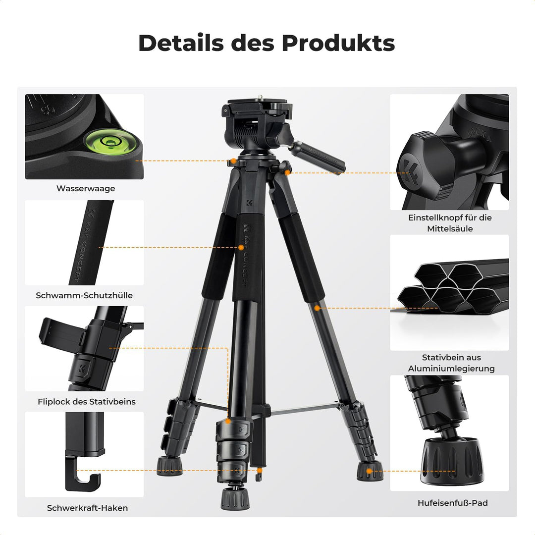 K&F CONCEPT Kamerastativ S254A3+BV01, Leichtes Stativ mit Tasche,172cm Handystativ,Tripod für Canon