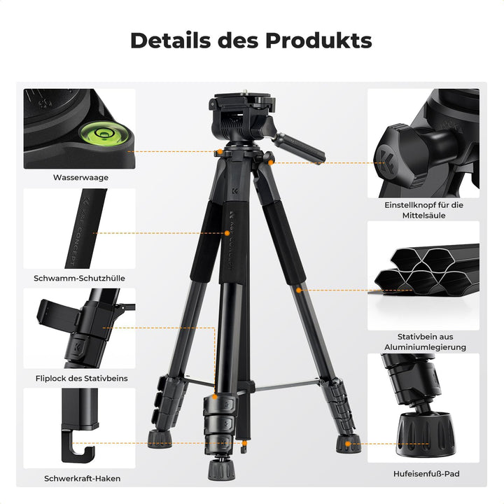K&F CONCEPT Kamerastativ S254A3+BV01, Leichtes Stativ mit Tasche,172cm Handystativ,Tripod für Canon