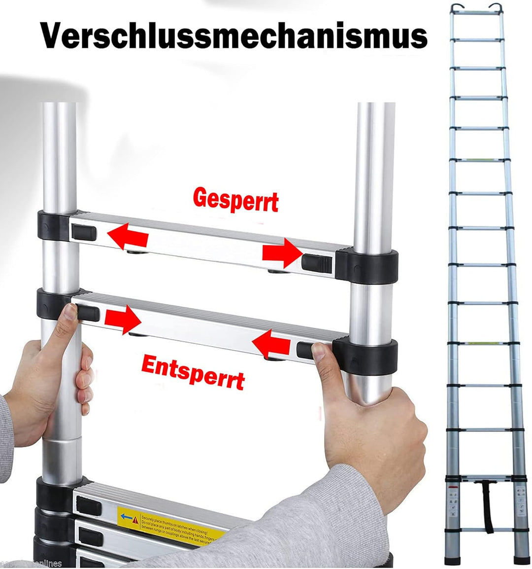3,8M Teleskopleiter, Mehrzweckleiter Aluminium, 150 kg/330 Pfund Belastbarkeit, Ausziehbar Aluleiter