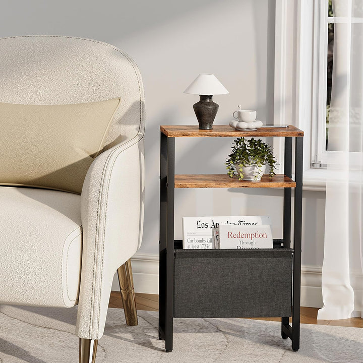 Konsolentisch Schmal 3 Ablagen Schmaler Nachttisch Rustikales Braun Sideboard Sofatisch mit Stauraum