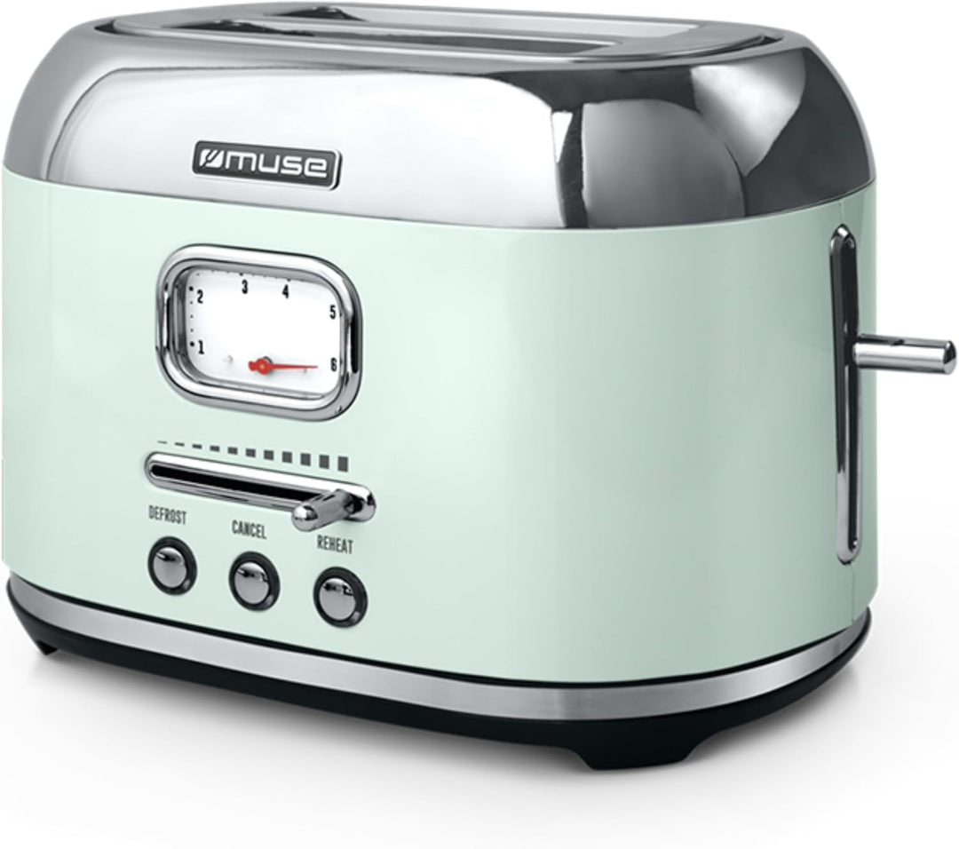 Muse Retro Toaster, 2 Scheiben, 6 Bräunungsstufen, analoge Anzeige, beleuchtete Tasten, Krümelschubl