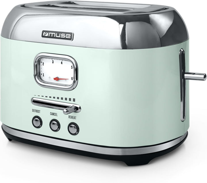 Muse Retro Toaster, 2 Scheiben, 6 Bräunungsstufen, analoge Anzeige, beleuchtete Tasten, Krümelschubl