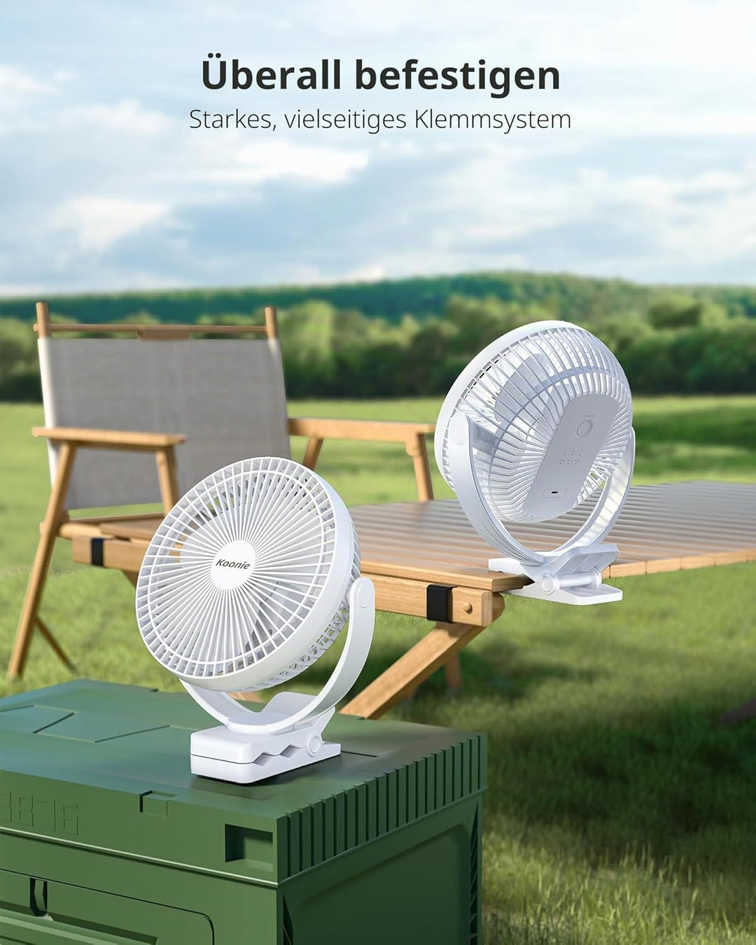 Koonie 20cm Tragbarer Clip-On-Ventilator, USB-Tischventilator mit 10.000 mAh Akku, 4 Geschwindigkeit