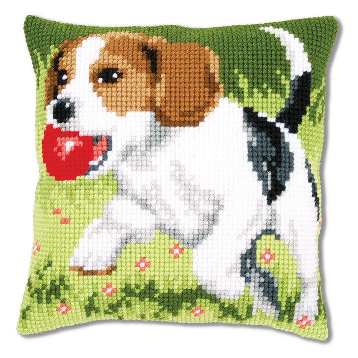 Vervaco Kreuzstichkissen Beagle Kreuzstickpackung vorgedruckt, Stramin, weiss, 40 x 40 x 0,3 cm