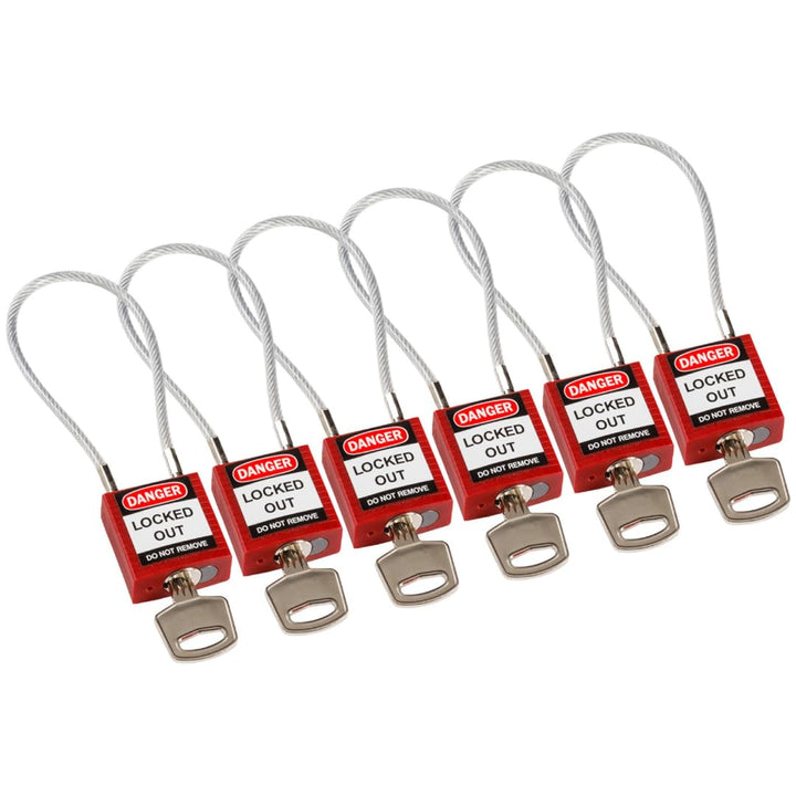 Brady Kompaktes Kabel-Sicherheitsvorhängeschloss, 32mm x 16mm x 200mm, Rot, 6er-Pack