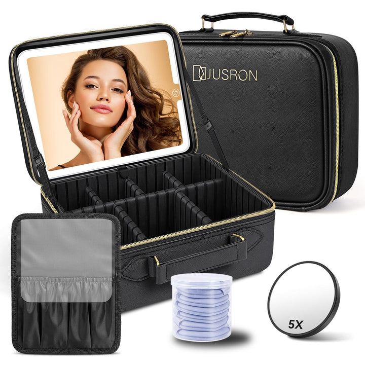 JUSRON Make-up Tasche mit Spiegel-3 Farben LED Licht, Reise Kosmetiktasche mit LED Spiegel, Tragbare