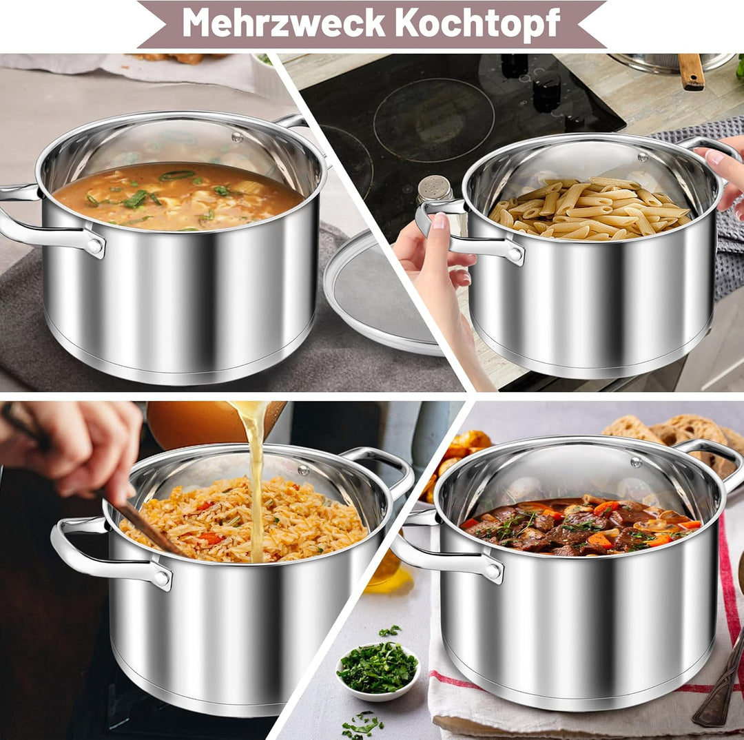 TEAMFAR Kochtopf, 4,7L Edeastahl Topf Suppentopf Induktion mit Glasdeckel, aus 3-Lagen Boden für all