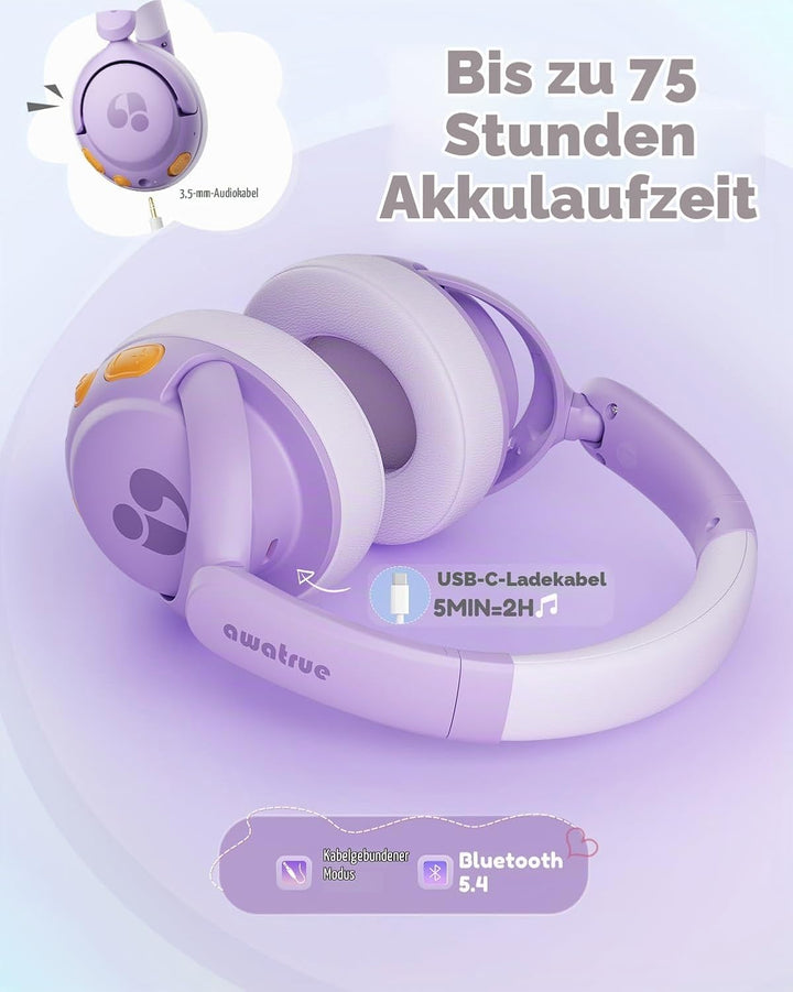 Bluetooth Kopfhörer Kinder, 85dBA Sicheres Volumen, Bluetooth 5.4, BPA Frei/CPC Zertifiziert, 75 Std