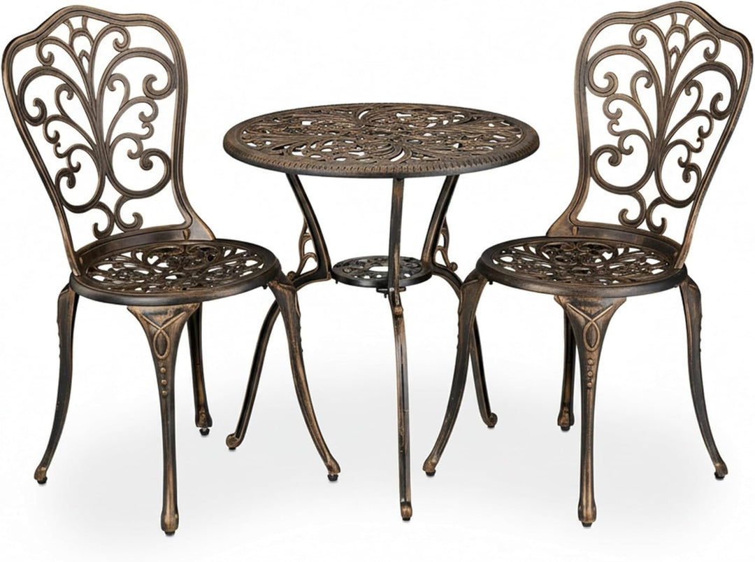 Relaxdays Gartenmöbel Set 3-teilig, Tisch, 2 Stühle, Aluguss, Balkonmöbel Antikdesign, Garten Sitzgr