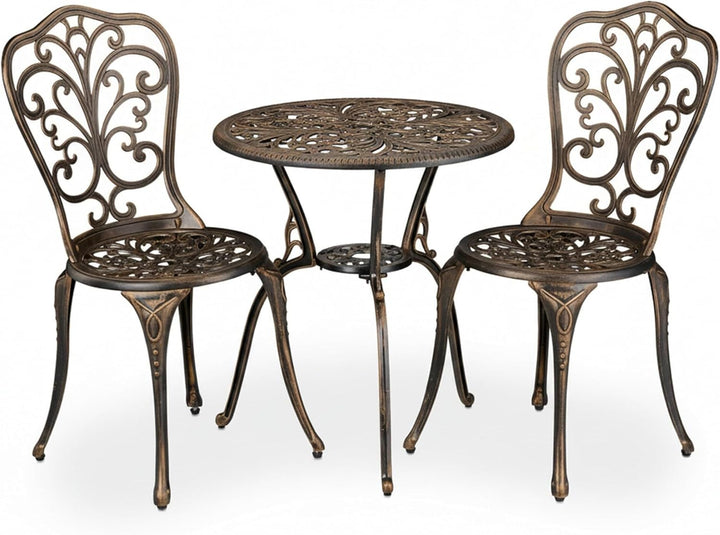Relaxdays Gartenmöbel Set 3-teilig, Tisch, 2 Stühle, Aluguss, Balkonmöbel Antikdesign, Garten Sitzgr
