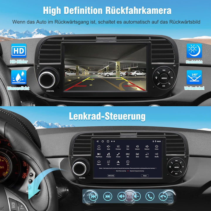 Android 13 Autoradio für FIAT 500 (2007–2015) | 7-Zoll-IPS-Touchscreen mit wasserdichter HD-Rückfahr