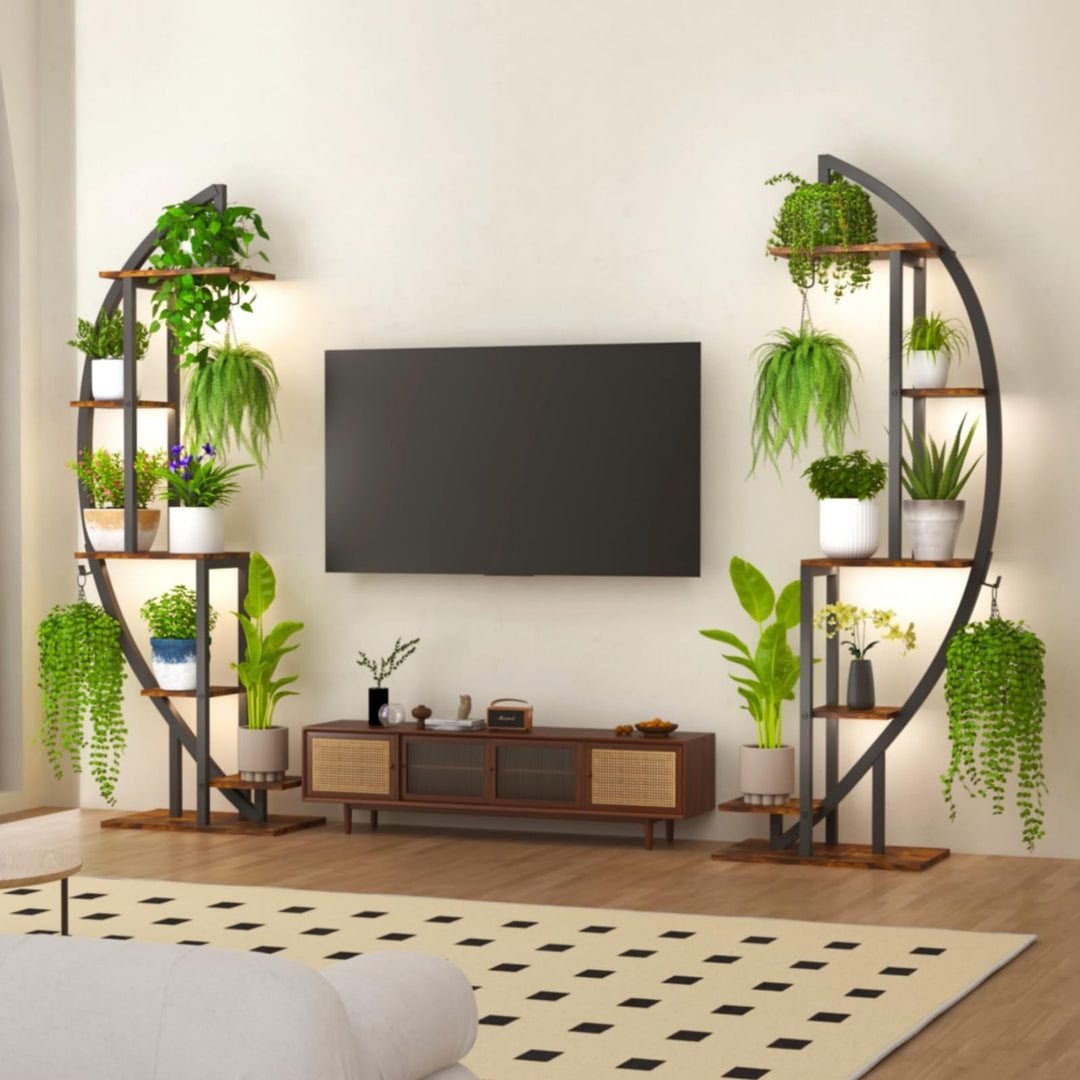 2er-Set Blumenständer mit Wachstumslicht, 6 Ebenen Grosses Pflanzenständer 160cm Hoch, Metall-Holz P