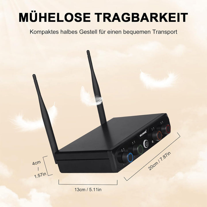 Kabelloses UHF-Mikrofonsystem mit 4 x 10 Frequenzen, 200 Fuss, 2 dynamischen Handmikrofonen, 2 Bodyp
