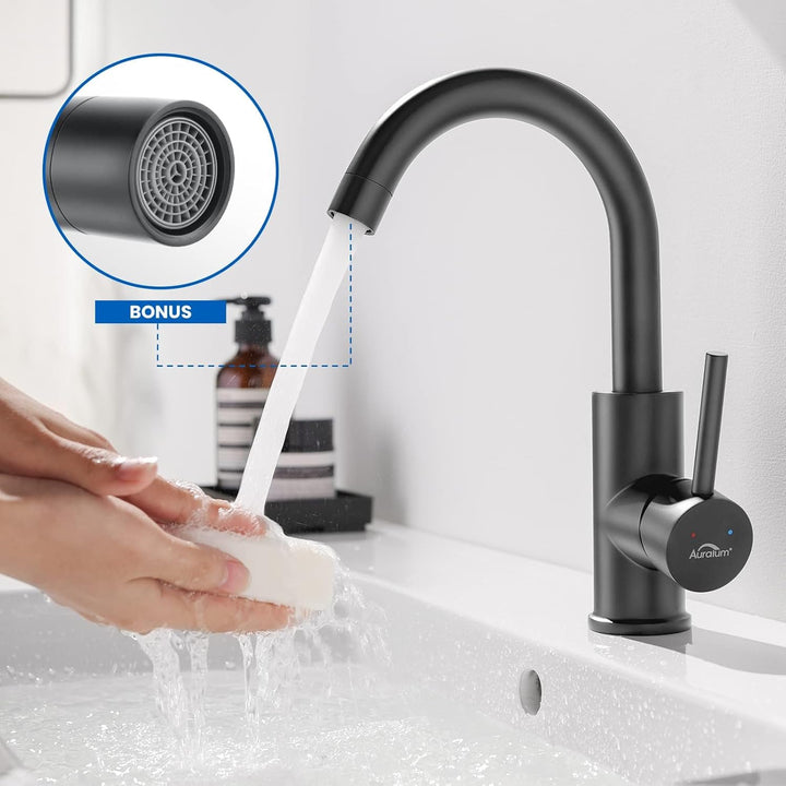 Auralum Waschtischarmatur Schwarz Matt, Armatur Waschbecken 360 Grad drehbar,Wasserhahn Bad mit 60CM