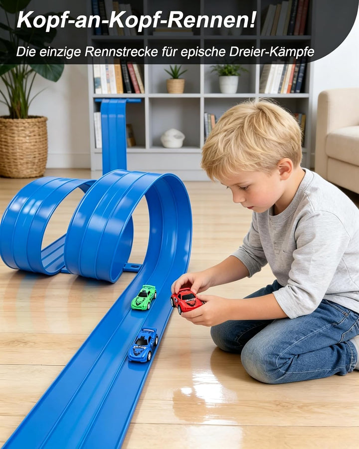 Flexible 3-Spur-Rennbahn für Kinder, 5 m lange aufrollbare Rennbahn mit 6 Autos, batterieloses Set o