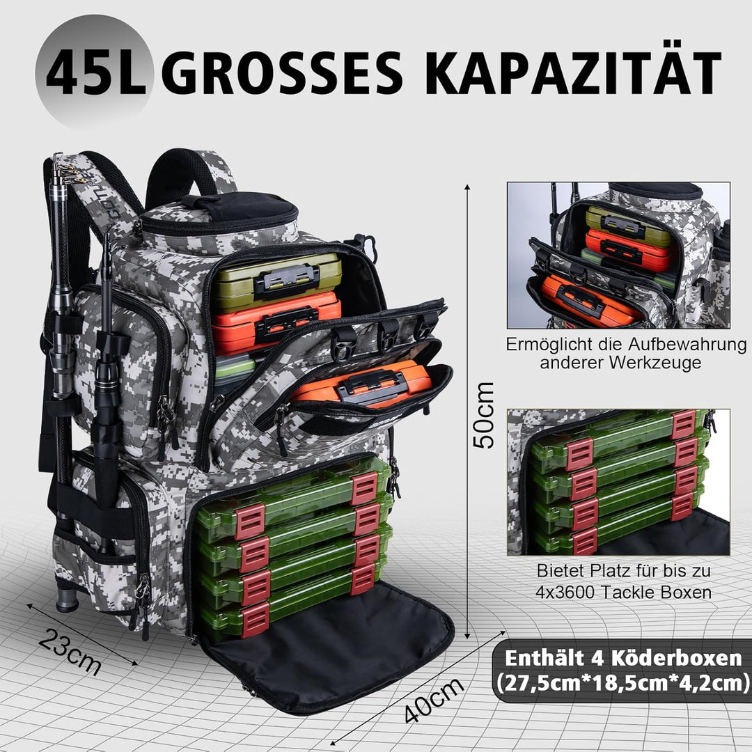 Goture Angelrucksack mit 4 Köderbox Angeln, 45-Liter Angelzubehör-Rucksack mit Zwei Rutenhaltern und