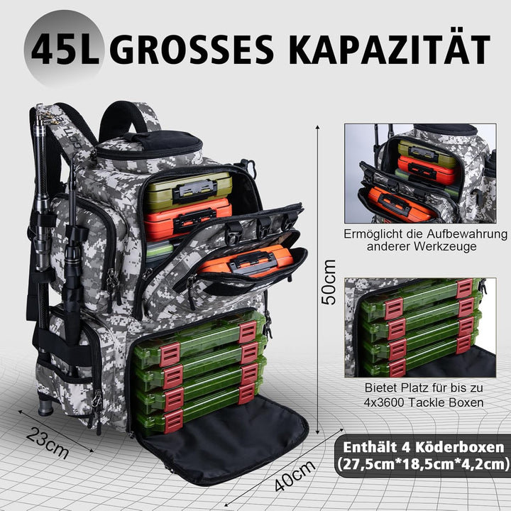 Goture Angelrucksack mit 4 Köderbox Angeln, 45-Liter Angelzubehör-Rucksack mit Zwei Rutenhaltern und