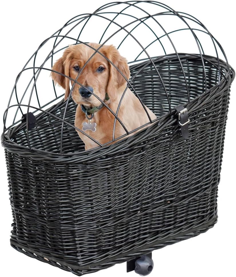 Fahrradkorb für Hunde – mit Gitterhaube, Befestigung für Gepäckträger, herausnehmbarem Kissen – aus
