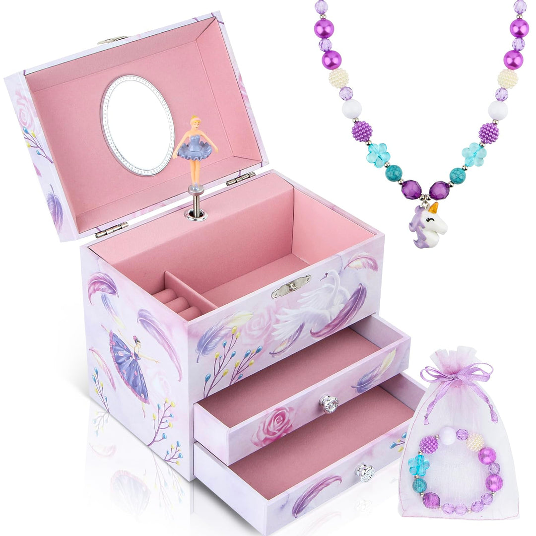 Ballerina Schmuckkästchen für Mädchen, Kinder Spieluhr mit drehender Ballerina, 2 Schubladen und Ein