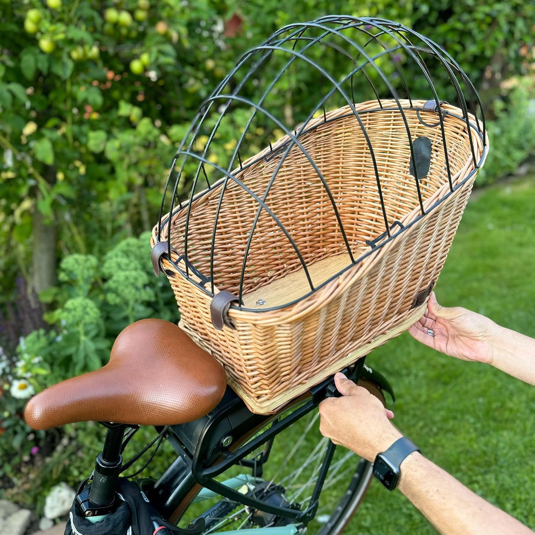 UNUS Hundefahrradkorb für Gepäckträger aus Weide Fahrradkorb mit Gitterabdeckung und Kissen 47x29x34