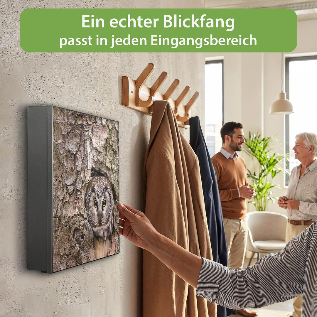 banjado® Grosser Schlüsselkasten Glas/Schlüsselbox 30cm x 30cm mit 50 Haken - Motiv Eule/Schlüsselka
