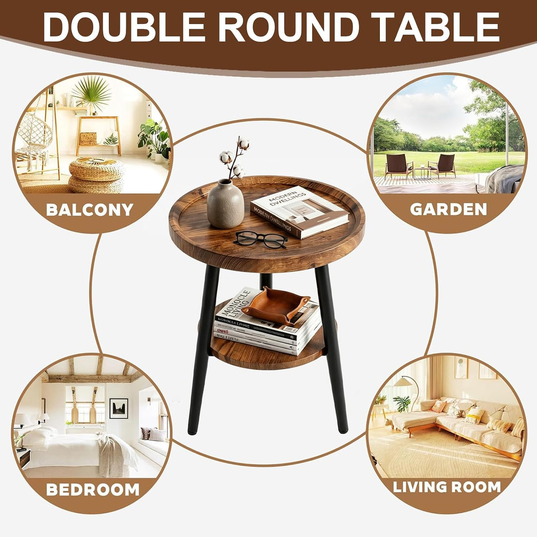 Beistelltisch Rund Holz | Runder Beistelltische Wohnzimmer | Couchtisch Klein mit Unterem Ablage | S