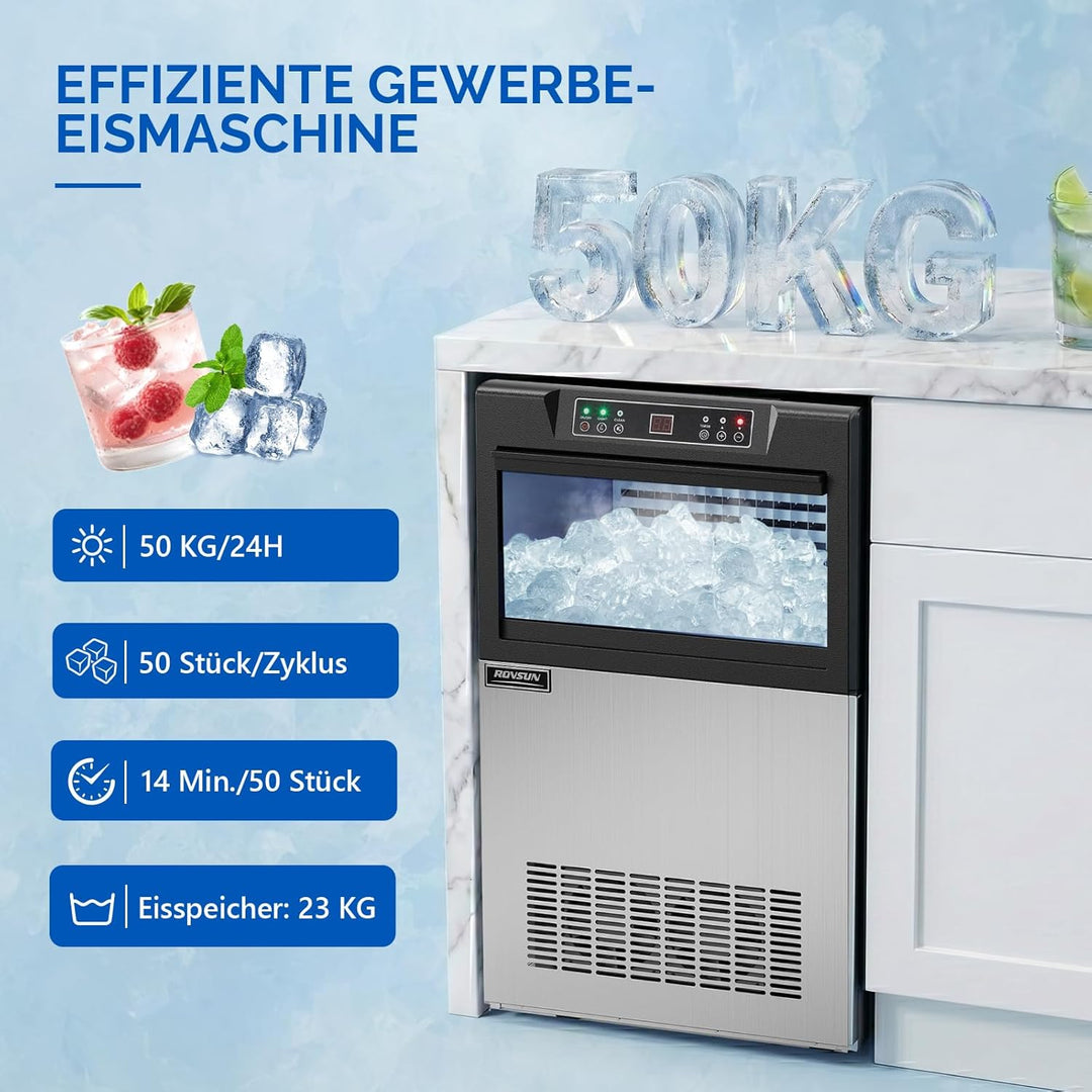 ROVSUN Gewerbliche Eiswürfelmaschine 50 kg/24H Kommerzielle Eismaschine mit Kompressor 50 Stück/14 M