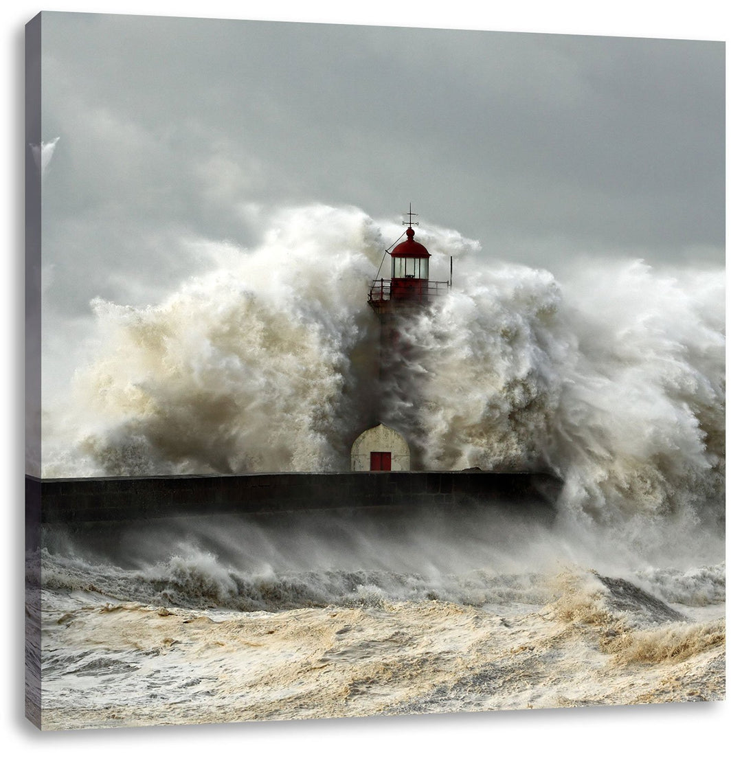 Leuchtturm im Sturm, Format: 70x70 auf Leinwand, XXL riesige Bilder fertig gerahmt mit Keilrahmen, K