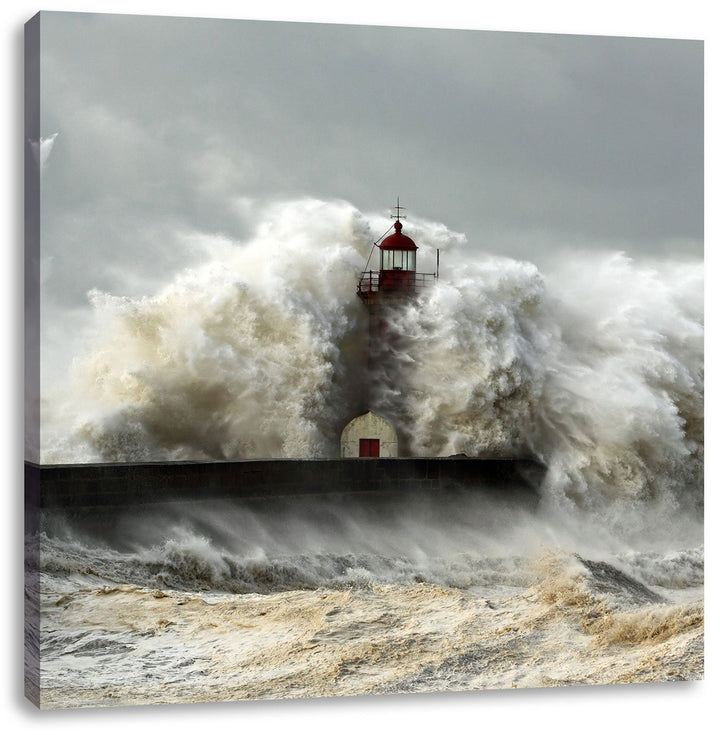 Leuchtturm im Sturm, Format: 70x70 auf Leinwand, XXL riesige Bilder fertig gerahmt mit Keilrahmen, K