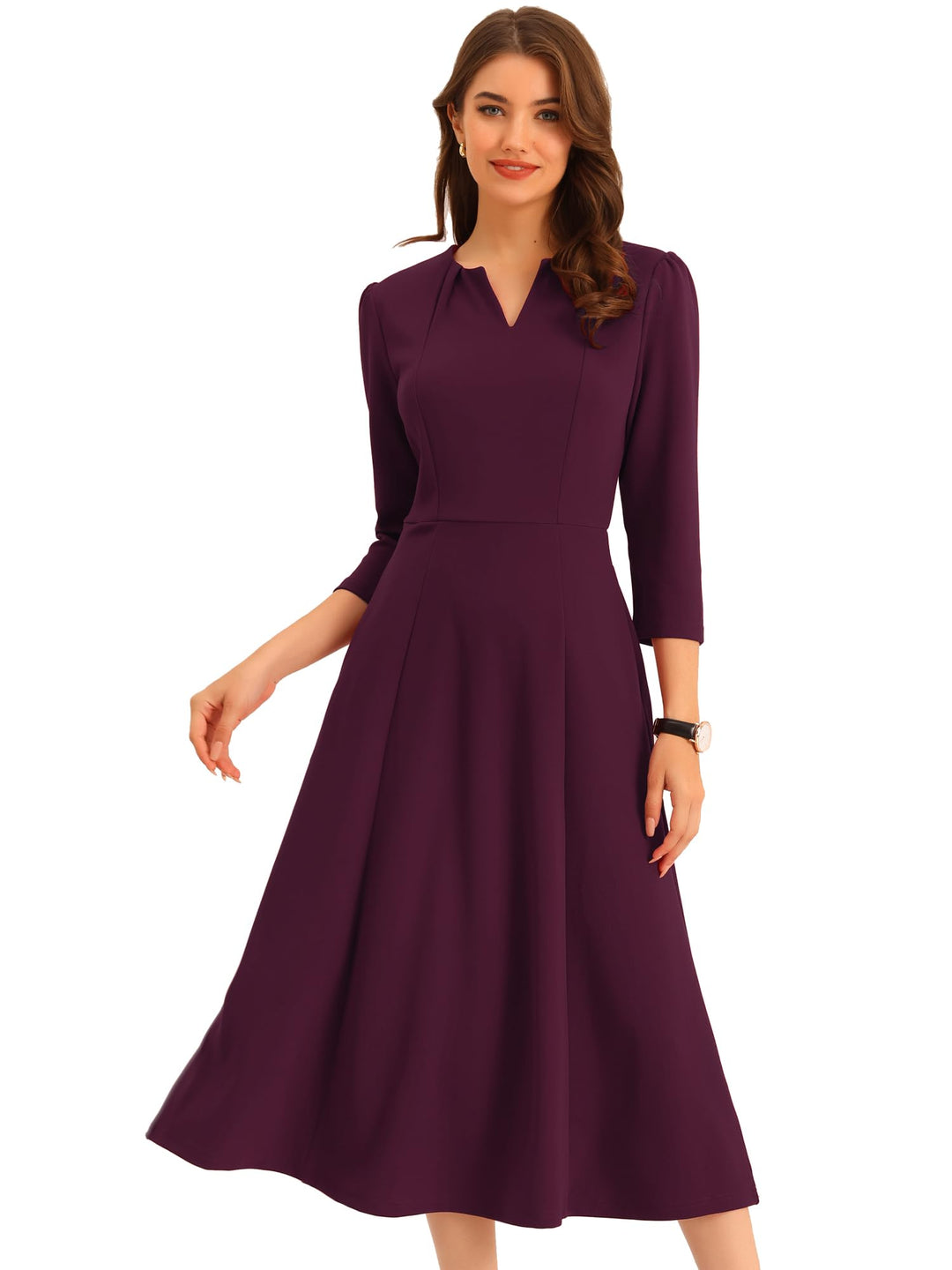 Allegra K Damen 3/4-Ärmeln A-Linie V-Ausschnitt Business Kleid Taschen Arbeit Elegant Midikleid M Du