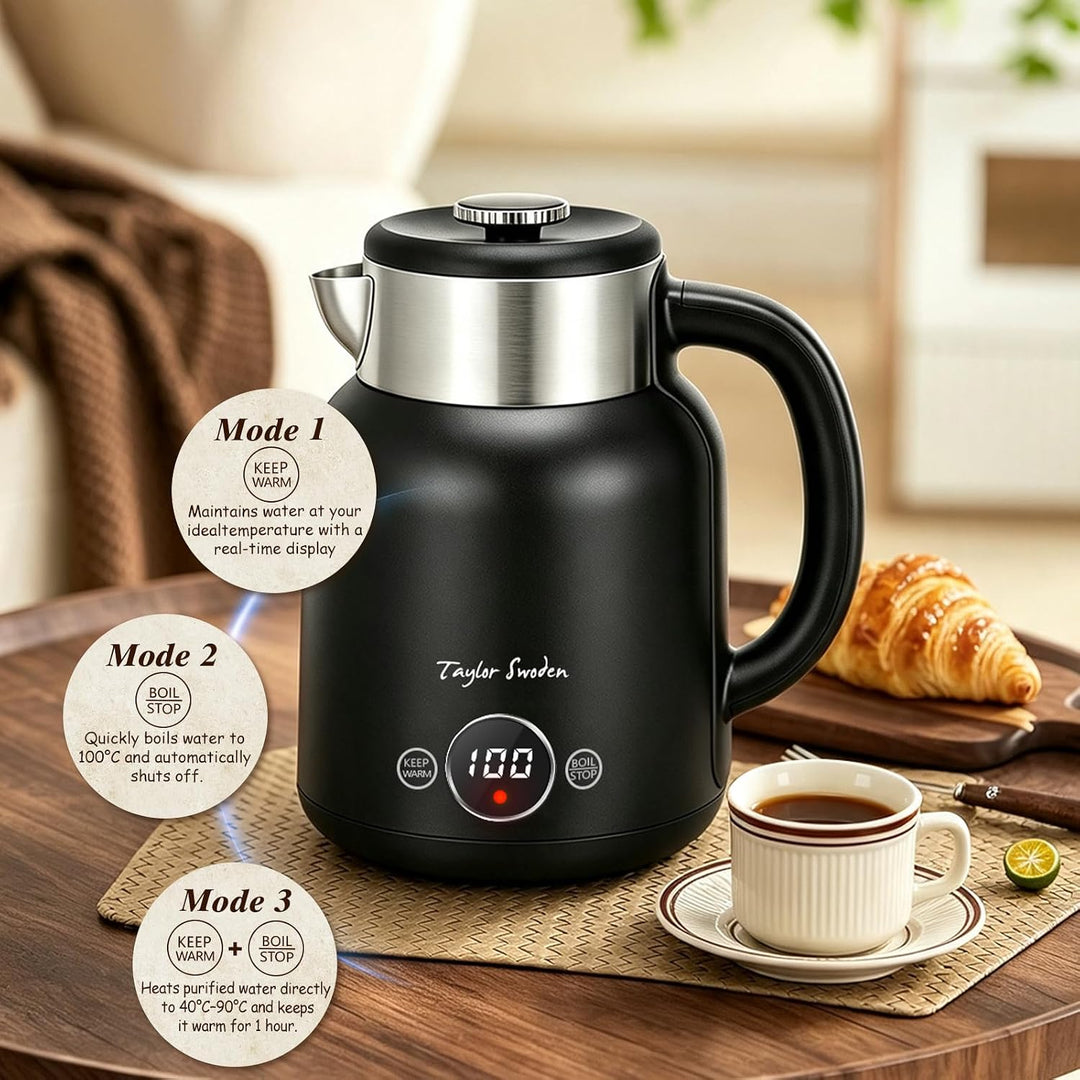 Taylor Swoden Asher - Wasserkocher Edelstahl mit Temperatureinstellung, 2200 W, 1,7 L, LED-Anzeige,