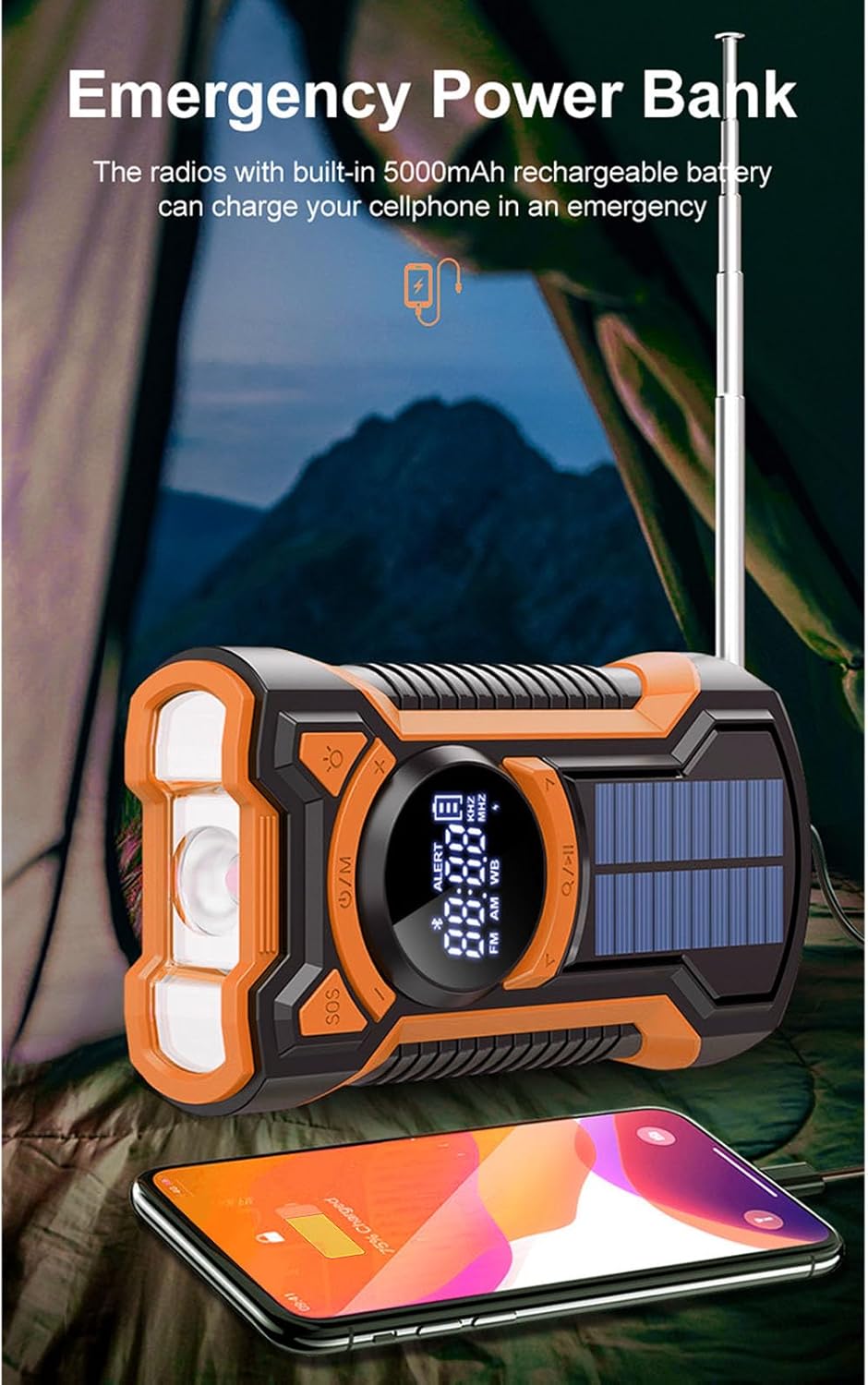 Notfallradio, 5000-mAh-Wetterradio, Solar-Handkurbelradios, FM, AM, WB, Bluetooth, SOS-Alarm und LED