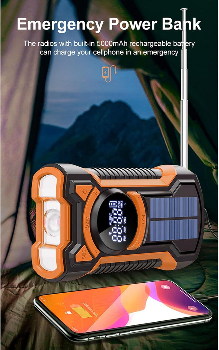 Notfallradio, 5000-mAh-Wetterradio, Solar-Handkurbelradios, FM, AM, WB, Bluetooth, SOS-Alarm und LED