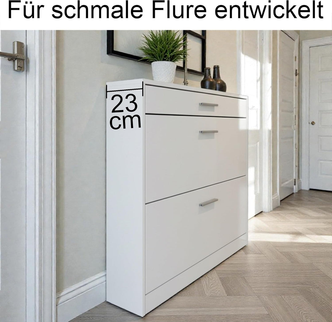Schuhschrank Roma Schmal mit 2 Klappen und 1 Schublade, Platzsparender Schuhkipper Flurschrank für D