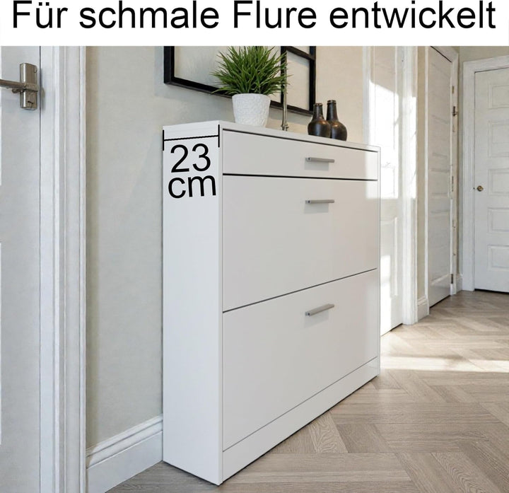 Schuhschrank Roma Schmal mit 2 Klappen und 1 Schublade, Platzsparender Schuhkipper Flurschrank für D