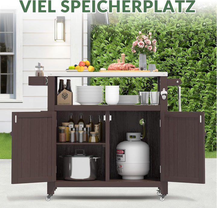 Grillwagen für den Aussenbereich mit Edelstahlplatte, wetterfester HIPS-Gartenwagen mit Aufbewahrung