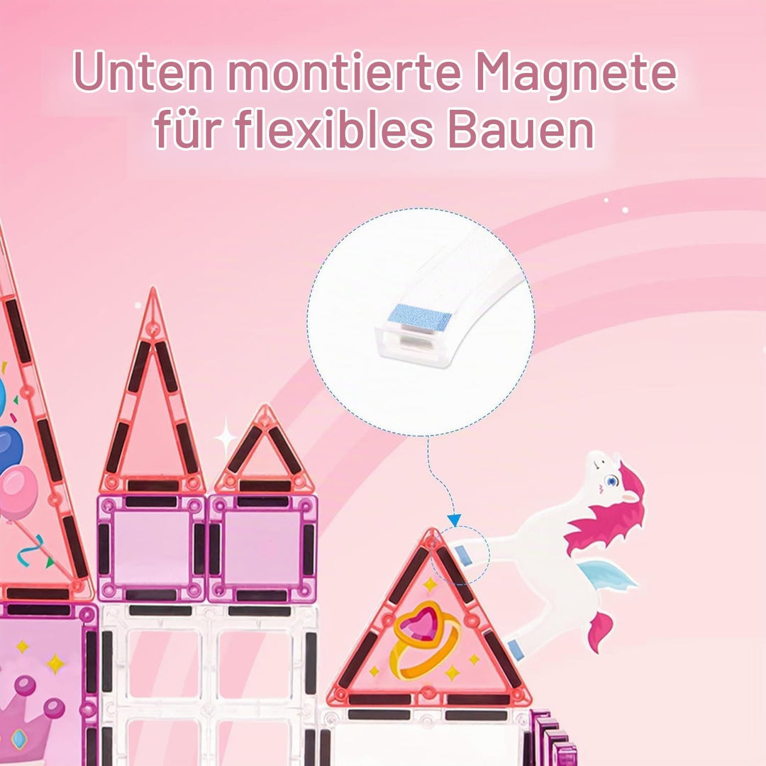Magnetische Fliesen Set, 3D Märchen-Schloss in Pink, Magnetkacheln für Kinder ab 3 Jahren, STEM Baus