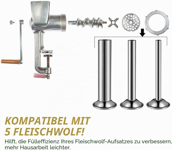Wurstfüller Edelstahl Rohre, 3 Grössen Wurstfülltrichter Sausage Filler Fleischwolf Befestigung Wurs