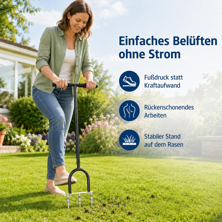 Rasenlüfter Aerifizierer für Rasen, 3-Kern Hohlspoon Handvertikutierer mit Hohlzinken, höhenverstell