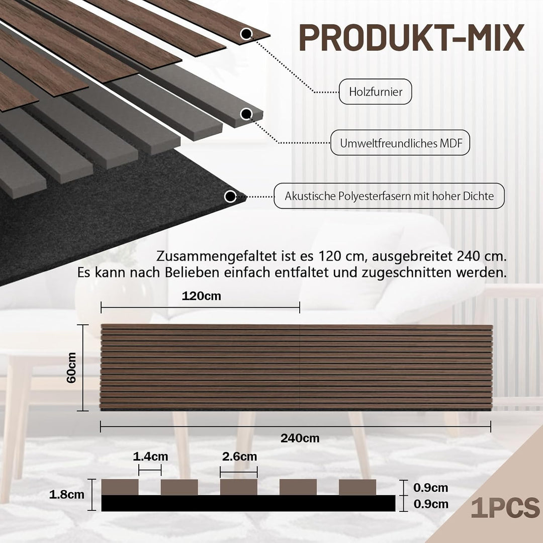 AKK-STAVE Akustikpaneele Holz 240x60 cm (1er-Set 1,44 m²) - Akustik Paneele & Holzpaneele Wand für S