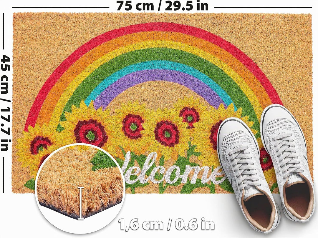 BRUBAKER Fussmatte für Aussen und Innen - Welcome mit Sonnenblumen und Regenbogen - 45 x 75 cm Blume