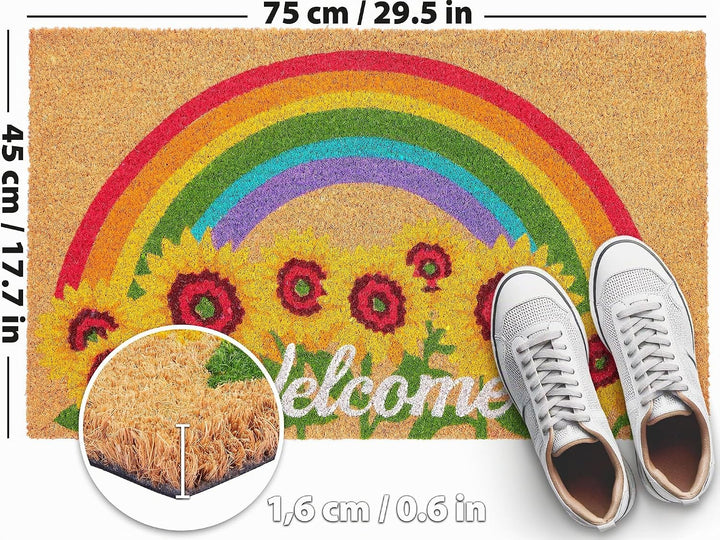 BRUBAKER Fussmatte für Aussen und Innen - Welcome mit Sonnenblumen und Regenbogen - 45 x 75 cm Blume