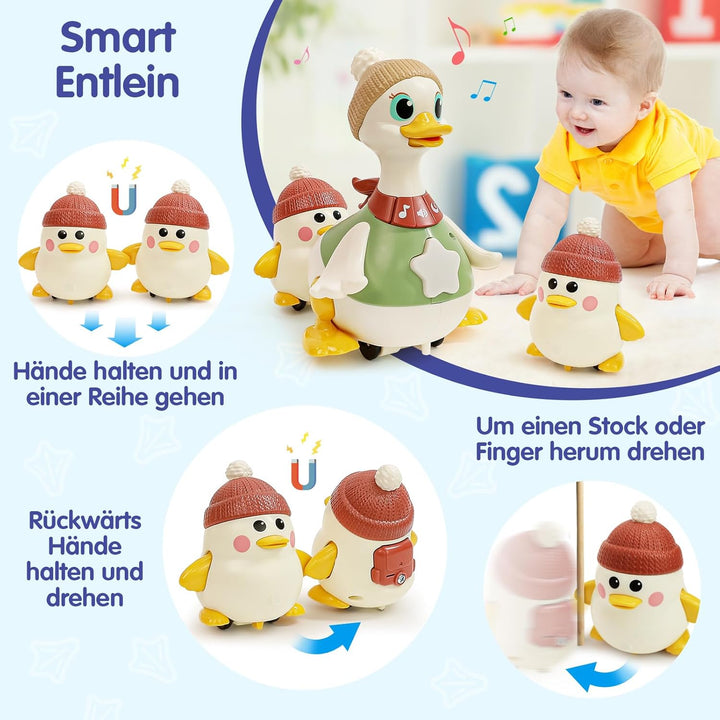 HOLA Baby Spielzeug 6-8-9-12 Monate, Dancing Duck Familie Spielzeug, Krabbelspielzeug mit Licht &amp; Mu