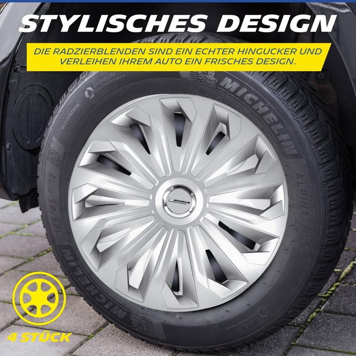 MICHELIN Radkappen 16 Zoll Universal Radzierblenden Monique 4er Set Fürs Auto ABS Kunststoff | Silbe